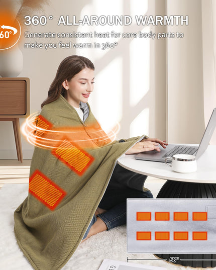 Portable Soft Zipper Electric Heated Blanket Shawl