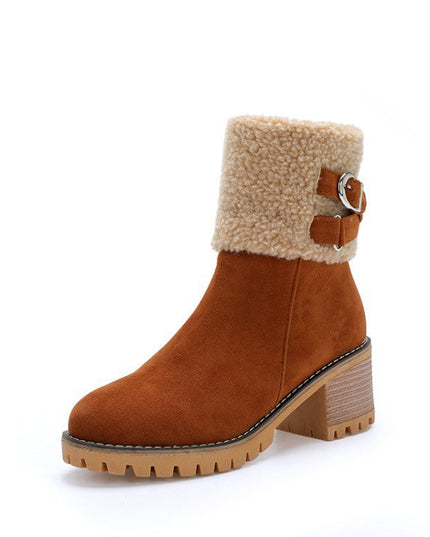 Women's thick heel leather buckle warm boots - Libiyi