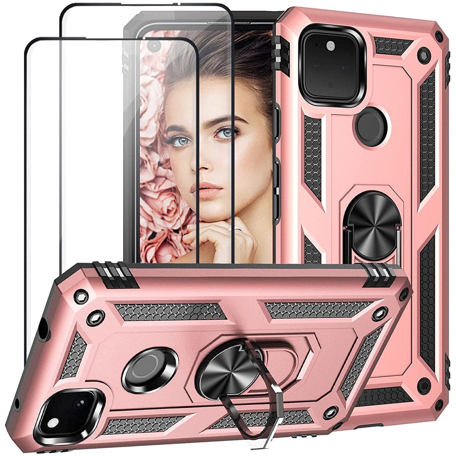 2022 Luxury Armor Ring Bracket Phone case For Google Pixel 4A With 2-Pack Screen Protectors - Libiyi